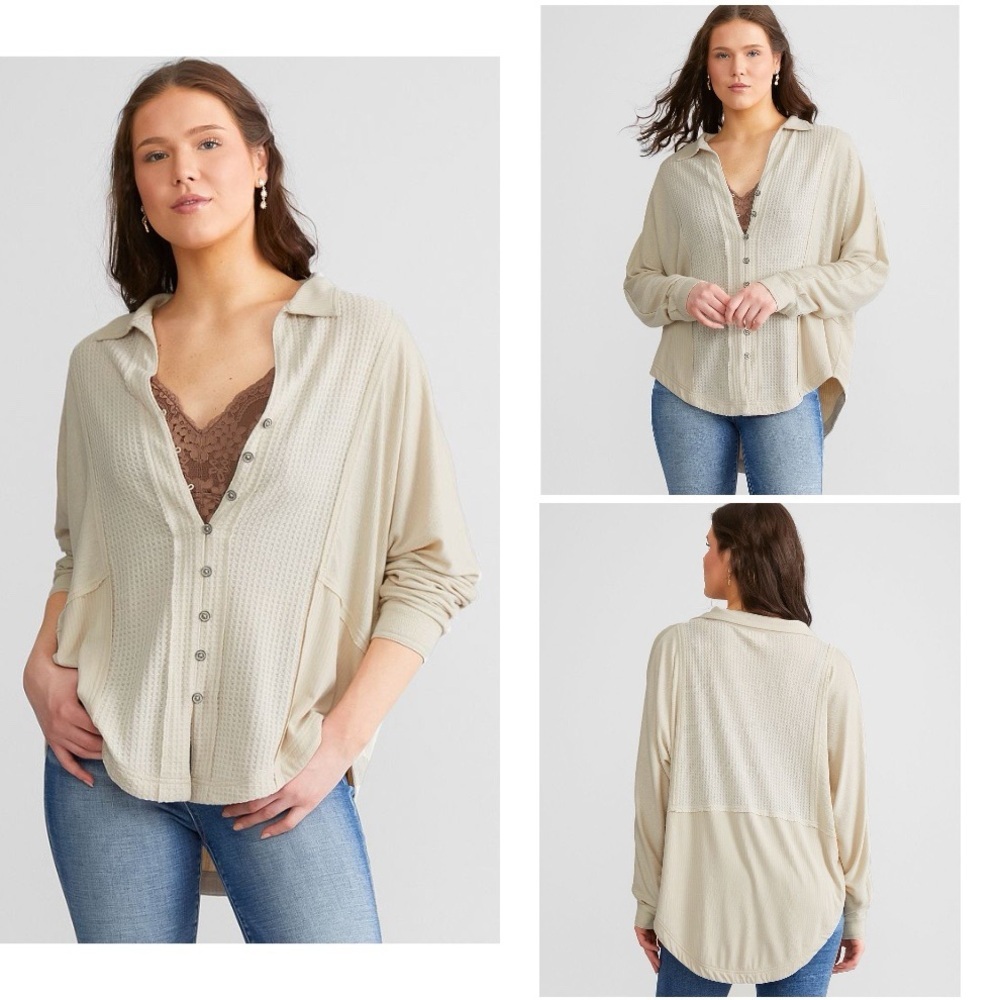 BKE Pieced Waffle Knit Beige Top Size S